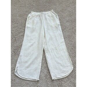 FLAX Women’s P Linen Cropped  Elastic Waist Flat Front Pants White Beach Vacay